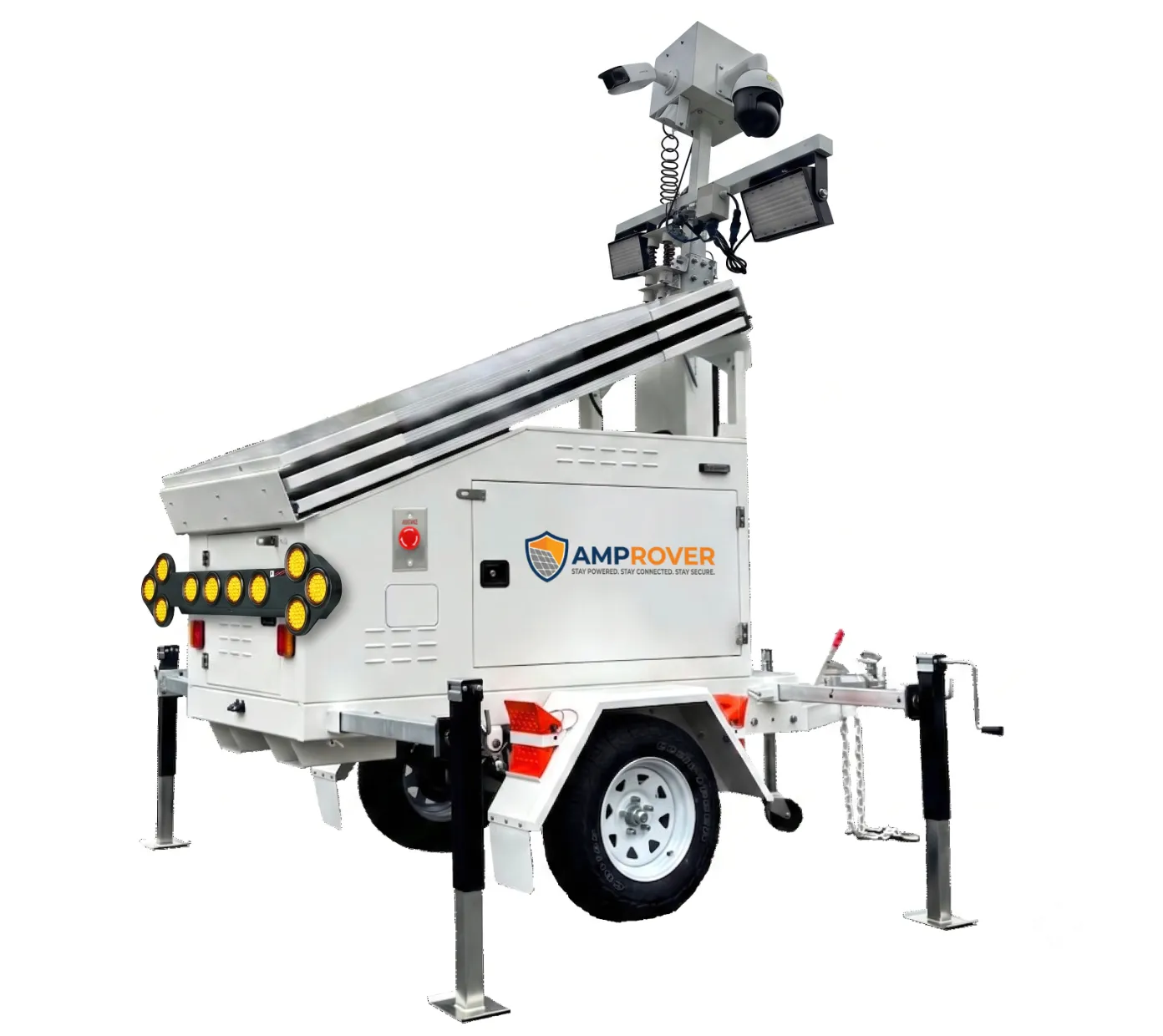 AmpRover solar ramp guidance unit with directional arrow lights, flood lighting, HD cameras, and a lunette ring hitch