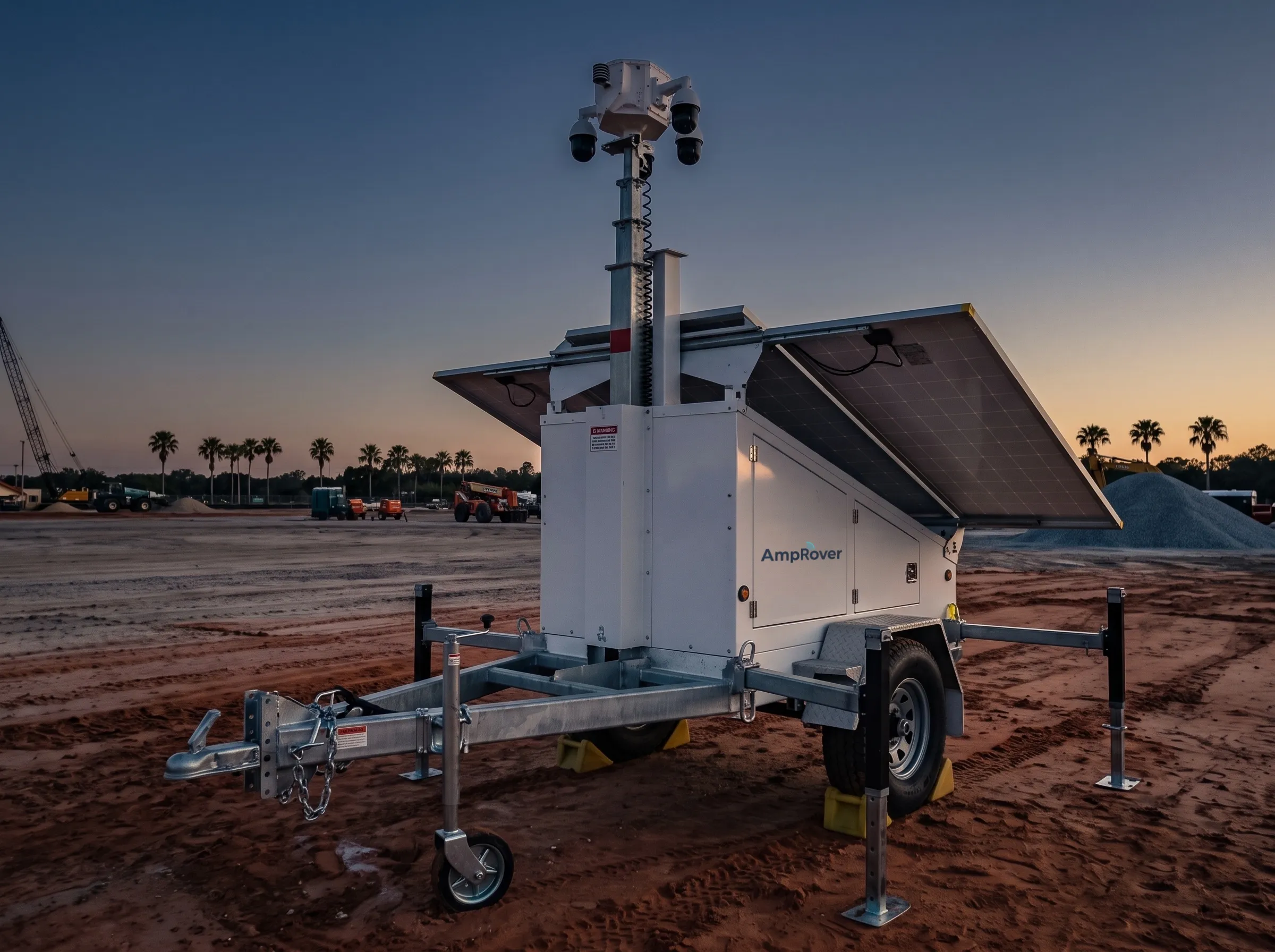 Amprover solar-powered surveillance trailer with raised camera mast deployed on a Central Florida construction site at dusk