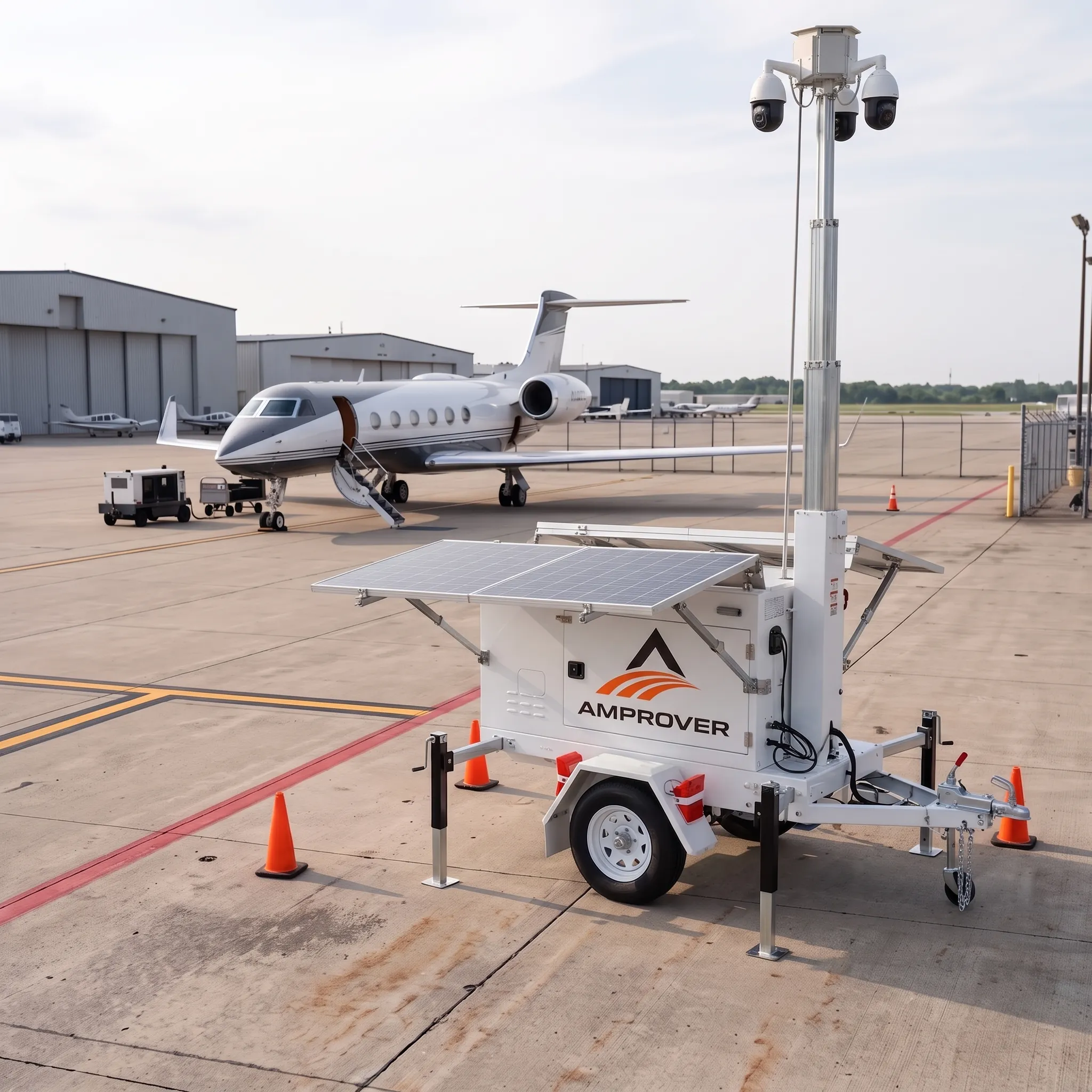 Amprover solar ramp guidance and surveillance trailer on an airport tarmac beside a private jet