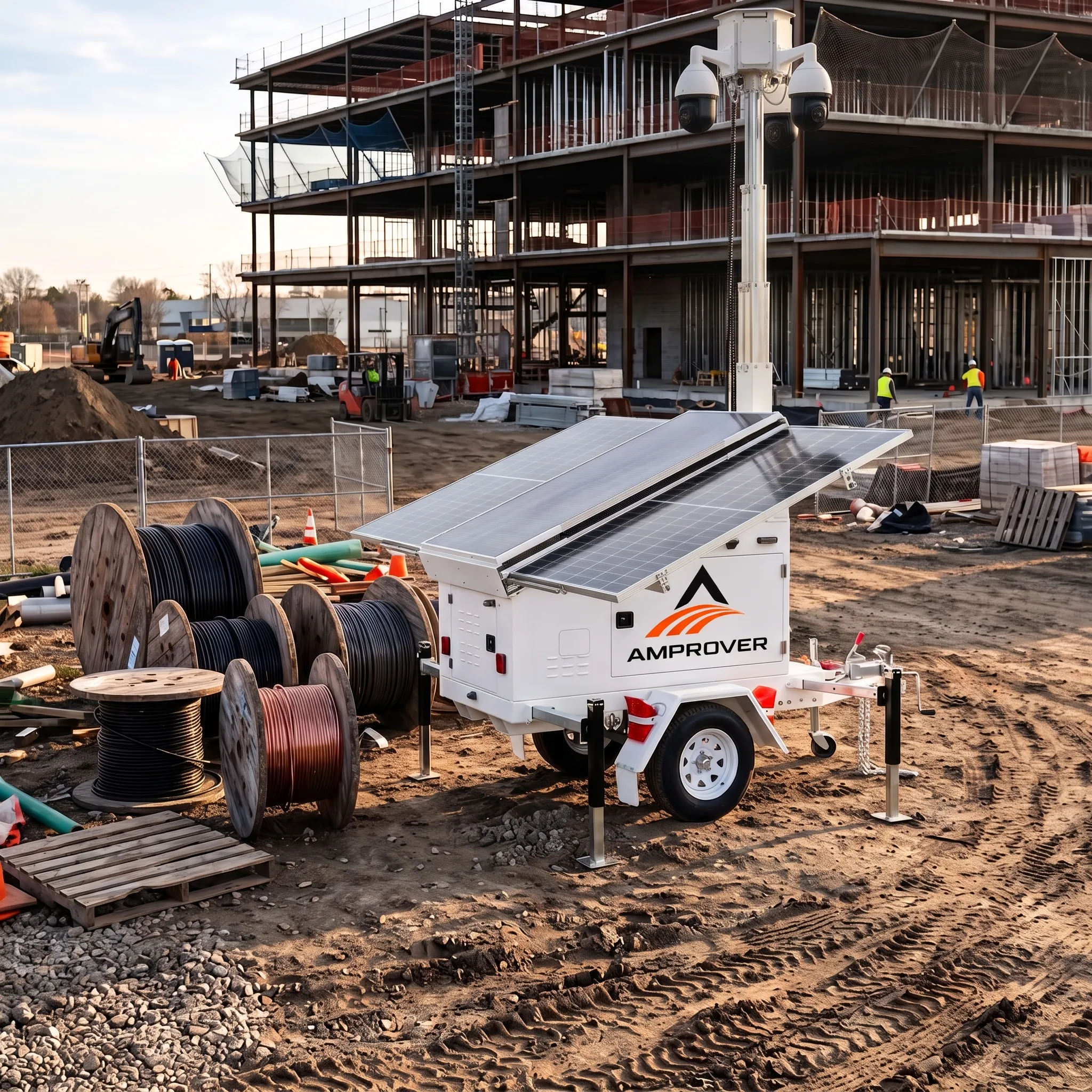 Amprover solar surveillance trailer stationed at a commercial construction site with structural steel framing and material laydown