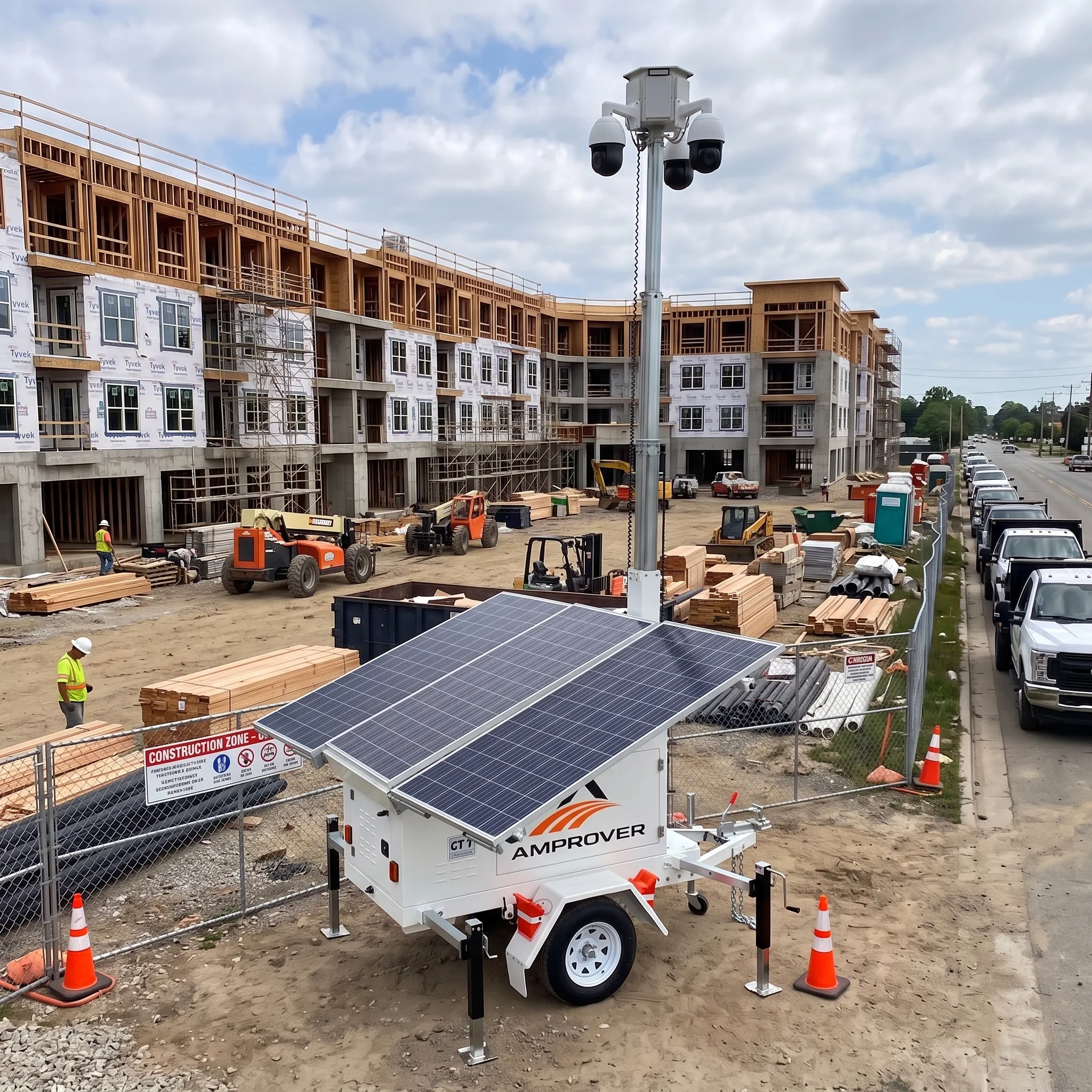 Amprover solar surveillance trailer securing a multifamily residential construction site