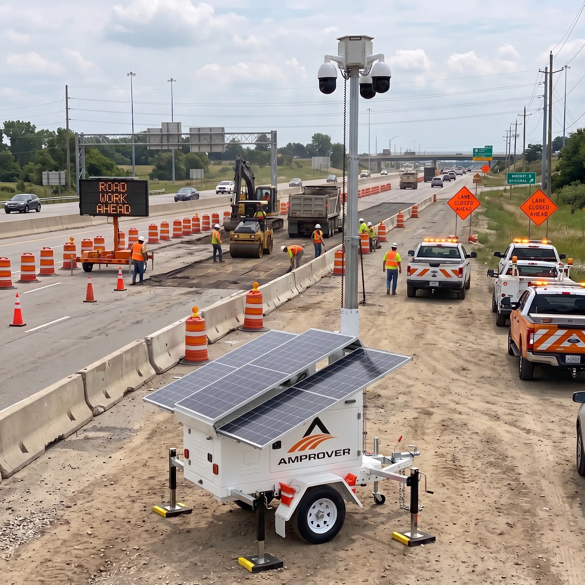 Amprover solar surveillance trailer monitoring a highway road work zone with DOT crews and equipment